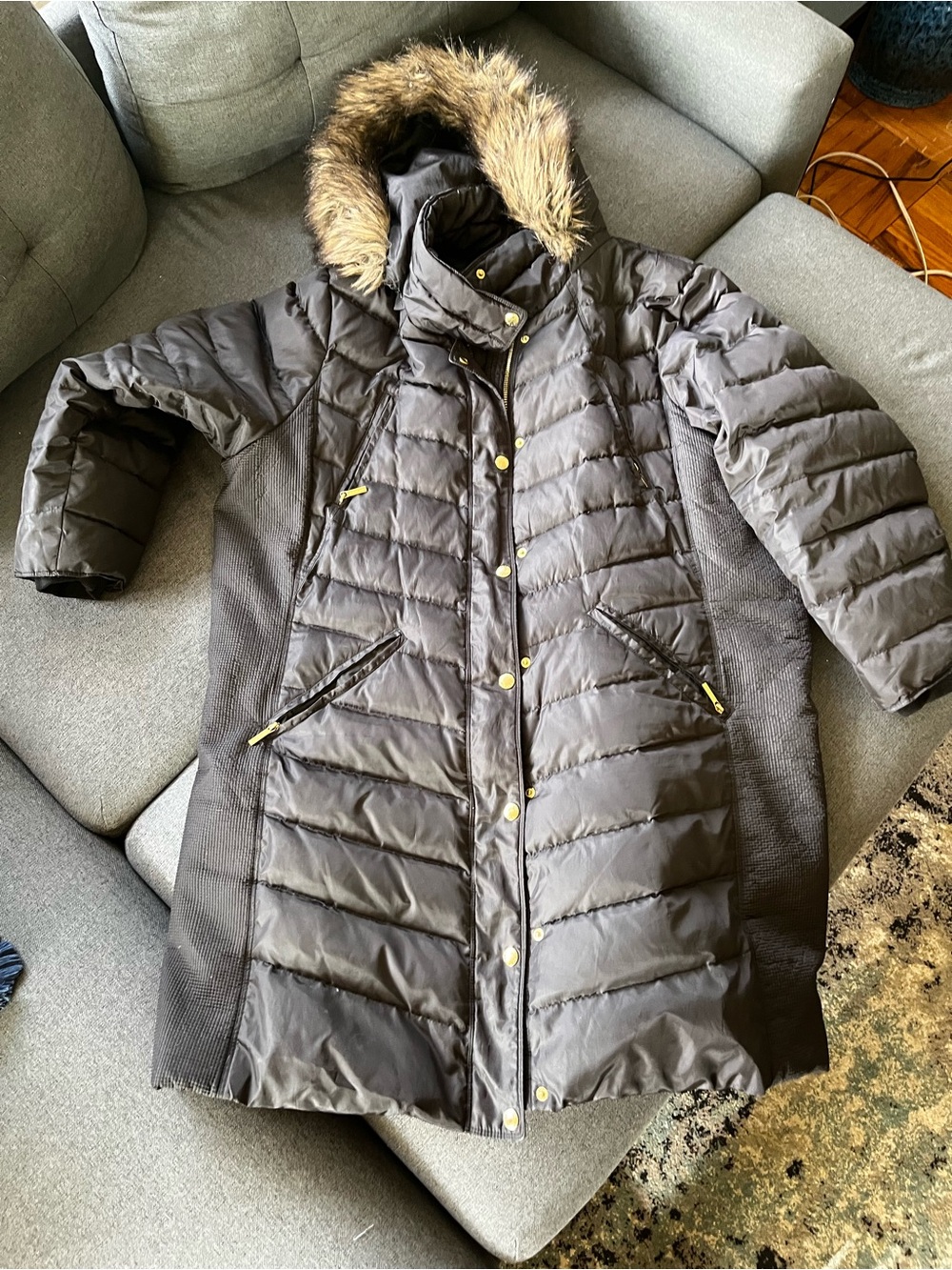 MICHAEL Michael Kors Women’s 2X Long Black Down Puffer Coat Faux Fur Hood